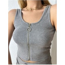 Kadın Gri Melanj Fermuarlı Kaşkorse Crop