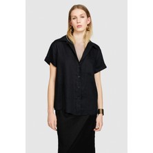 Sisley %100 Keten Düğmeli Göğüs Cepli Kısa Kollu Gömlek Kadın Siyah Gömlek - 324P5BMLLQ042