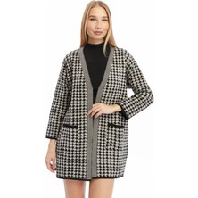 Kadın Kazayağı Desen Çift Cepli Triko Hırka