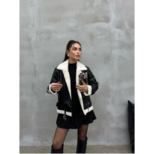 Msm Fashion Kadın Içi Beyaz Kürklü Siyah Kısa Biker Deri Ceket Mont