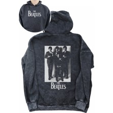 Unisex The Beatles Sırt Baskılı Kapüşonlu Yıkamalı Sweatshirt, Oversize Rock Band Baskılı Hoodie