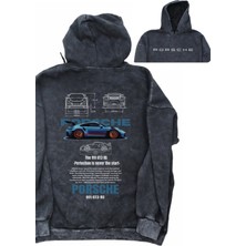 Unisex Mavi Porssche Sırt Baskılı Kapüşonlu Yıkamalı Sweatshirt, Oversize Araba Temalı Retro Hoodie