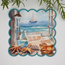 Decofav Sulu Boya Denize Açılan Pencere Tasarımlı Nakış Kenar Kumaş Kokteyl Peçetesi 1 Adet