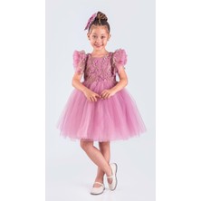 Mnk Baby & Kids Kız Çocuk Nakışlı Tütü Etek Elbise Pembe MNK0578 Kısa Kol Yarasa Stil