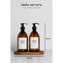 Homence Ahşap Stantlı 2’li Amber Cam Sıvı Sabun Bulaşık Deterjanı Şişesi Beyaz Etiketli Sabunluk 500ML
