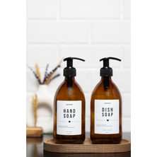 Homence Ahşap Stantlı 2’li Amber Cam Sıvı Sabun Bulaşık Deterjanı Şişesi Beyaz Etiketli Sabunluk 500ML
