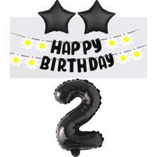 Best Parti Best Siyah Rakam Yıldız Folyo Balon Happy Bırthday Beyaz Papatya Eva Banner Seti Yaş 2