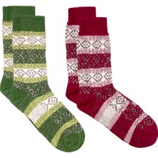 Organik Yün 2'li Kışlık Kilim Desenli Kalın Soket Çorap Pembe-Fuşya / Yeşil-Olive
