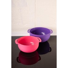 Flora Makarna, Sebze, Meyve Yıkama Süzgeci Badyalı - 5 Litre Karıştırma Kabı Çok Amaçlı Ikili Set 26 Cm Pembe Mor