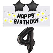 Best Parti Best Siyah Rakam Yıldız Folyo Balon Happy Bırthday Beyaz Papatya Eva Banner Seti Yaş 4
