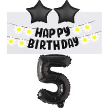 Best Parti Best Siyah Rakam Yıldız Folyo Balon Happy Bırthday Beyaz Papatya Eva Banner Seti Yaş 5