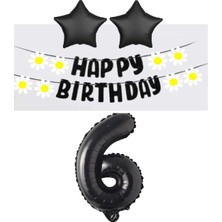 Rönesans Parti Rönesans Siyah Rakam Yıldız Folyo Balon Happy Bırthday Beyaz Papatya Eva Banner Seti Yaş 6