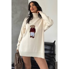 Zishan Fashion Ayıcıklı Kazak - Balıkçı Yaka Teddy Bear Aplikli Oversize Kadın Triko Kazak 650