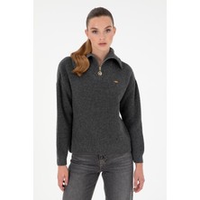 U.S. Polo Assn. Kadın Antrasit Melanj V Yaka Fermuarlı Kazak 50297086-VR081