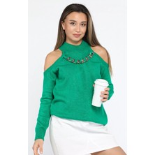 Kadın Ön Zincir Detaylı Omuz Dekolteli Triko Bluz (s-m-l Beden Uyumludur) P-00001098