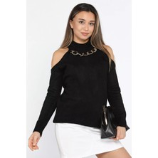 Kadın Ön Zincir Detaylı Omuz Dekolteli Triko Bluz (s-m-l Beden Uyumludur) P-00001098