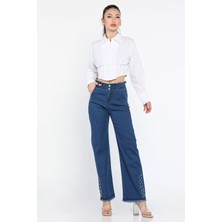 Kadın Yüksek Bel Paça Püsküllü Taş Detaylı Likralı Jean Kot Pantolon P-00012131