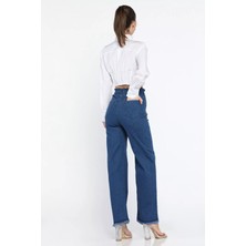 Kadın Yüksek Bel Paça Püsküllü Taş Detaylı Likralı Jean Kot Pantolon P-00012131