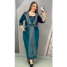 Zincirli Crystal Taşlı Kadife Elbise - Yeşil