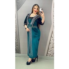 Zincirli Crystal Taşlı Kadife Elbise - Yeşil