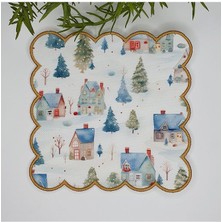 Decofav Sulu Boya Evler, Ağaçlar ve Kış Manzara Tasarımlı Nakış Kenar Kumaş Kokteyl Peçetesi 1 Adet