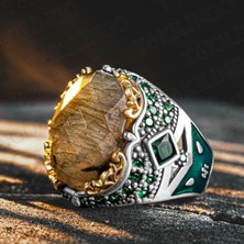 Takılingo 925 Ayar Gümüş Fasetli Labradorit Taşlı Yeşil Zirkon Taş Detaylı Erkek Yüzük