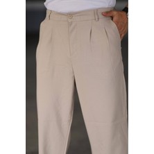 Bürke Baggy Çift Pileli Krem Renk Beli Lastikli Kaliteli Rahat Kesim Klasik Bol Paça Baggy Pantolon