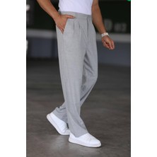 Bürke Baggy Çift Pileli Gri Renk Beli Lastikli Kaliteli Rahat Kesim Klasik Bol Paça Baggy Pantolon