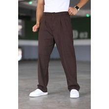 Bürke Baggy Çift Pileli Kahverengi Renk Beli Lastikli Kaliteli Rahat Kesim Klasik Bol Paça Baggy Pantolon