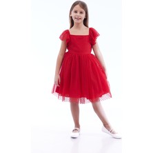 Ahengim Kız Çocuk Kare Yaka Trend Tül Elbise AK2242 Özel Günler İçin Şık Kırmızı Silüet