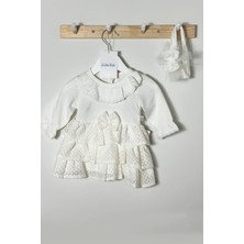 Juniba Kids Jasmine Kız Bebek Beyaz Pamuk Dantelli Bebe Yakalı ve Fırfır Detaylı 2'li Elbise Set