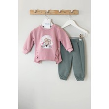 Juniba Kids Aisha Kız Bebek Pembe Ayıcık Baskılı Fırfır Detaylı Sweatshirt 2'li Takım