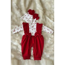 Agnes Kız Bebek Kırmızı Kalp Baskılı Şapkalı 3'lü Tulum Set