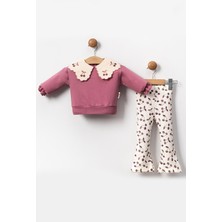 Juniba Kids Misty Kız Çocuk Gül Kurusu Kiraz Detaylı Bebe Yaka Sweatshirt 2'li Takım