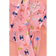 Juniba Kids Maria Kız Çocuk Pembe Kedi Desenli Önden Düğmeli Pijama Takımı