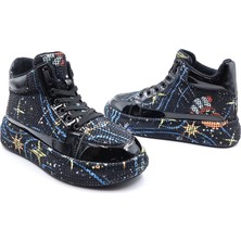 G24K441 Rhinestones Kadın Siyah Taşlı Bilekli Sneaker Ayakkabı