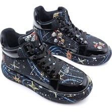 G24K441 Rhinestones Kadın Siyah Taşlı Bilekli Sneaker Ayakkabı