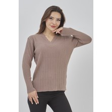Fresh Moda Kadın Triko Esnek V Yaka Kışlık Anne Kazak