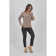 Fresh Moda Kadın Triko Esnek V Yaka Kışlık Anne Kazak