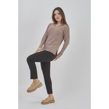 Fresh Moda Kadın Triko Esnek V Yaka Kışlık Anne Kazak