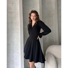 CC Design Kadın V Yaka Düğme Detaylı Uzun Kollu Mini Elbise Siyah