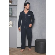 Meynur Moda Erkek Bambu Kumaş Düğmeli Biyeli Uzun Kollu Pijama Takımı