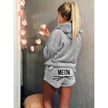 Kadın Uzun Kollu Meow Kedi Nakışlı Kapşonlu Peluş Sweat ve Short Ikili Takım