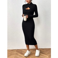 Kadın Uzun Kollu Göğüs Pencere Detaylı Çapraz Yaka Detaylı Şardonlu Kaşkorse Midi Elbise