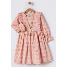 Fisto Yakalı Uzun Kollu Kız Çocuk Brode Elbisesi - Pudra