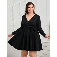 Veramall Kadın Uzun Kollu Kruvaze Yaka Kuşak Detay Salaş Şardonlu Kaşkorse Mini Elbise