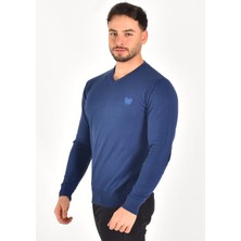 Miwan Collection Erkek V Yaka Süet Dirsekli Indigo Slim Fit Triko Kazak