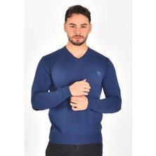 Miwan Collection Erkek V Yaka Süet Dirsekli Indigo Slim Fit Triko Kazak