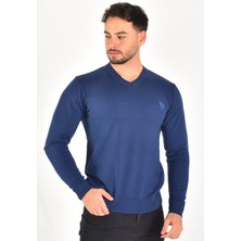 Miwan Collection Erkek V Yaka Süet Dirsekli Indigo Slim Fit Triko Kazak