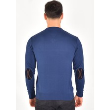 Miwan Collection Erkek V Yaka Süet Dirsekli Indigo Slim Fit Triko Kazak